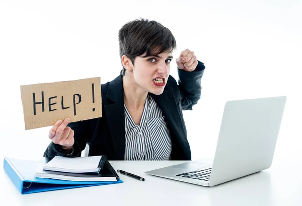 Tired Frustrated Young Attractive Business Woman Working Computer Holding Desperate — Stock Photo, Image