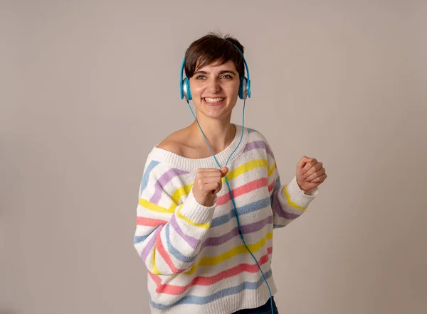 Portrait Gorgeous Happy Brunette Woman Colorful Striped Jumper Listening Music — Stock Photo, Image