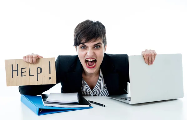 Tired Frustrated Young Attractive Business Woman Working Computer Holding Desperate — Stock Photo, Image