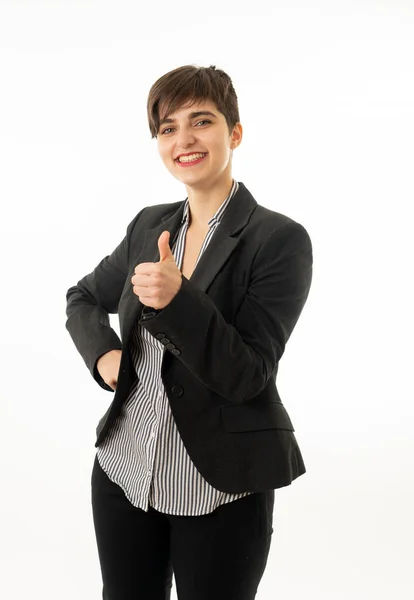 Media Longitud Retrato Una Hermosa Mujer Negocios Caucásica Sonriendo Haciendo —  Fotos de Stock