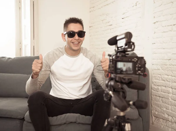 Happy Trendy Caucasian Male His Twenties Filming Video Blog Camera — Stock Photo, Image