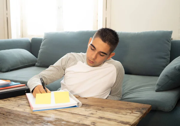 Porträtt Glad Ung Student Man Hans Tjugoårsåldern Arbetar Studerar Gör — Stockfoto