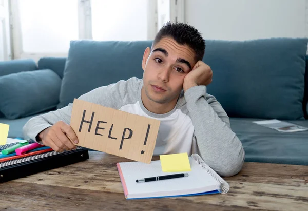 Young tired and stressed student working on his homework, masters feeling desperate and frustrated asking for help. In over Education, learning difficulties, finals exams and emotional stress concept.