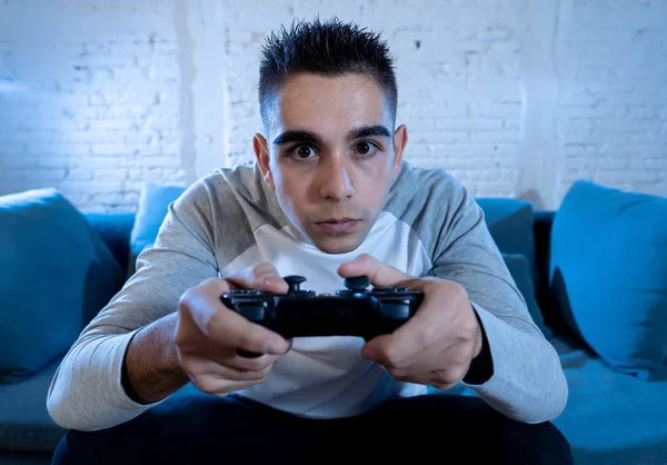 Portrait Young Student Man Playing Video Games Night Using Wireless — Stock Photo, Image