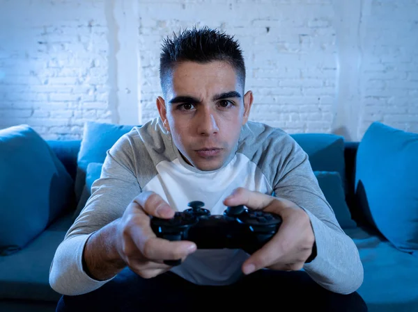 Portrait Young Student Man Playing Video Games Night Using Wireless — Stock Photo, Image