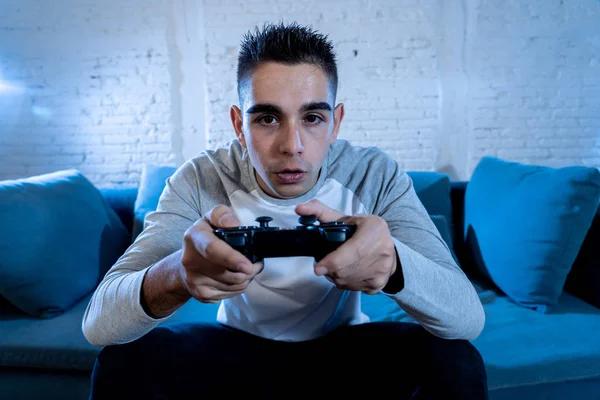 Portrait Young Student Man Playing Video Games Night Using Wireless — Stock Photo, Image