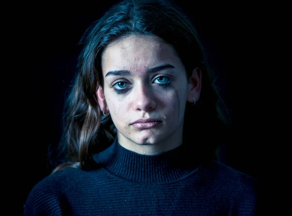 Closeup Bullied Depressed Alone Tired Stressed Young Child Girl Crying — Stock Photo, Image