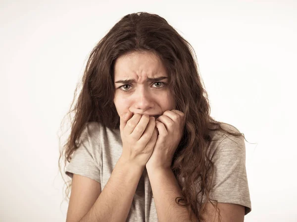 Close Portrait Scared Shocked Young Teenager Female Looking Surprised Fear — Stock Photo, Image