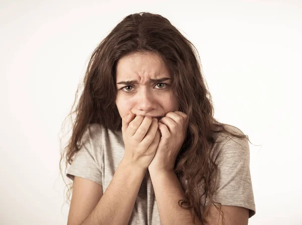 Cerca Retrato Asustado Sorprendido Joven Adolescente Mujer Mirando Sorprendido Con — Foto de Stock