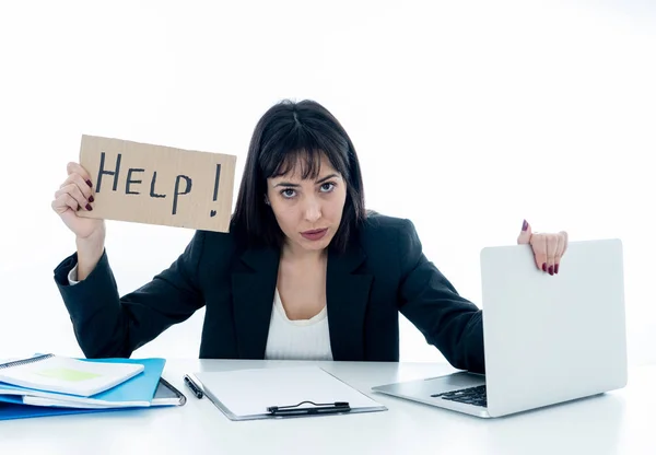 Junge Schöne Geschäftsfrau Unter Stress Bei Der Arbeit Schreibtisch Mit — Stockfoto