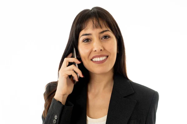 Close Uma Jovem Mulher Negócios Bonita Falando Telefone Segurando Uma — Fotografia de Stock