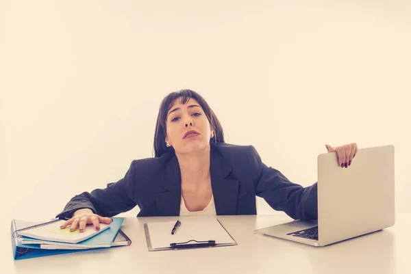 Νέος Όμορφος Γυναίκα Επιχείρηση Υποφέρει Άγχος Εργάζεται Στο Γραφείο Του — Φωτογραφία Αρχείου