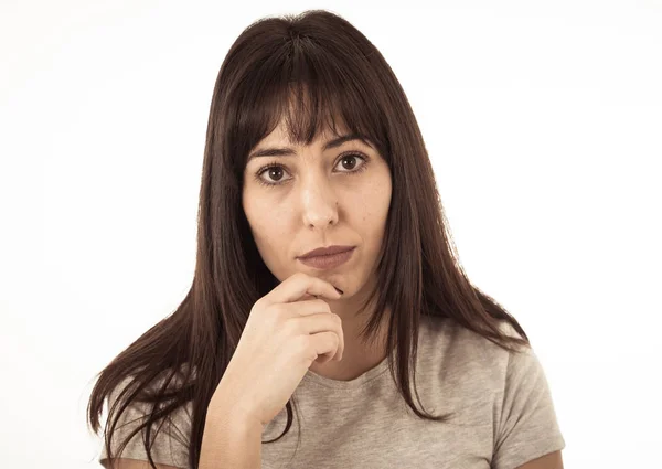 Close Young Sad Woman Serious Concerned Looking Worried Thoughtful Feeling — Stock Photo, Image