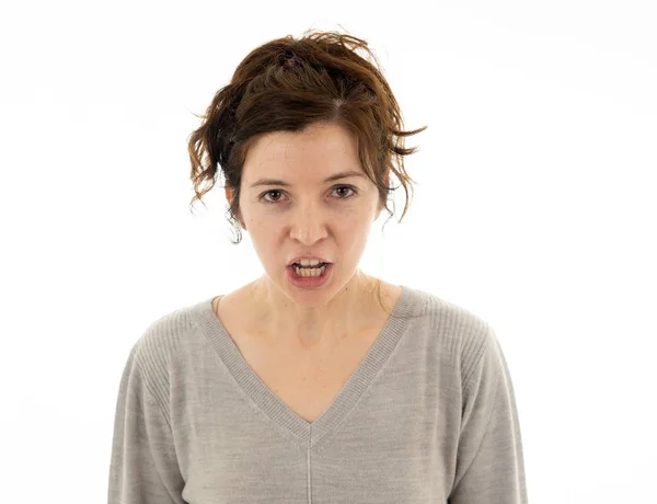 Close Young Attractive Caucasian Woman Angry Face Looking Mad Crazy — Stock Photo, Image