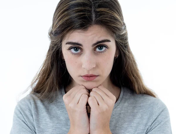 Portre Genç Üzgün Kadın Ciddi Ilgili Ağlıyor Duygu Endişe Izole — Stok fotoğraf