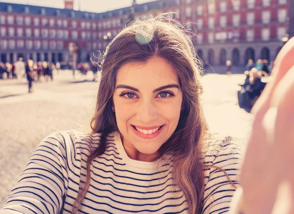 Beautiful Young Tourist Student Happy Excited Plaza Mayor Madrid Holding — Stock Photo, Image