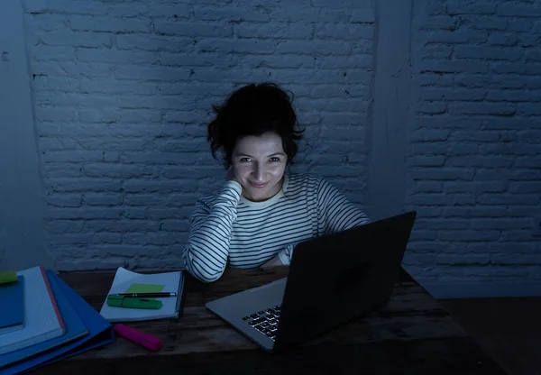 Close Portrait Moody Light Happy Casual Beautiful Woman Working Studying — Stock Photo, Image