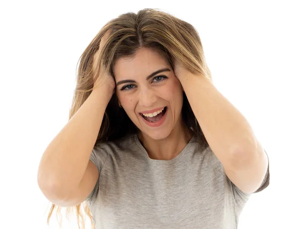 Primer Plano Retrato Atractiva Joven Bonita Mujer Caucásica Feliz Gritando —  Fotos de Stock