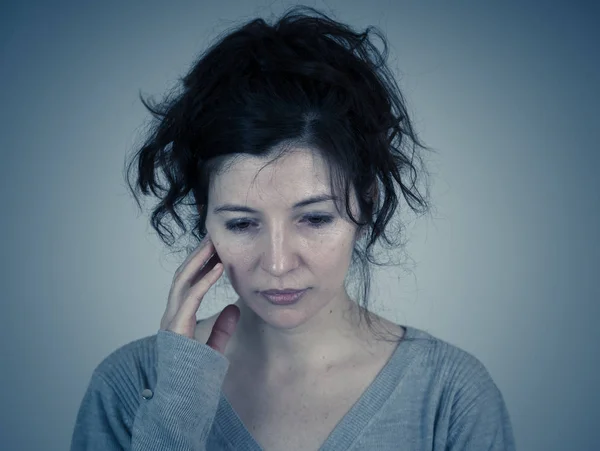 Close Young Sad Woman Serious Concerned Touching Her Head Looking — Stock Photo, Image