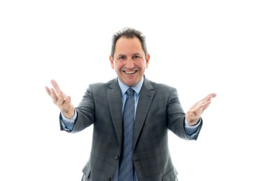 İşadamı icra müdürü veya sunuyu kopya alanı üzerinde önde gelen ve Konferansı, iş eğitimi veya ofiste toplantı pazarlama fikirleri tartışmak koç. Beyaz arka plan üzerinde izole.