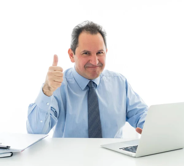 Sonriendo Confiado Empresario Ejecutivo Mediana Edad Que Trabaja Ordenador Portátil —  Fotos de Stock