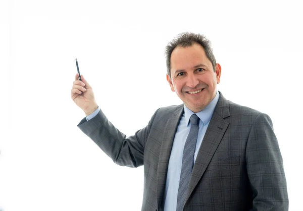 Studio Portrait Mature Business Man Pointing Using Virtual Desktop Screen — Stock Photo, Image