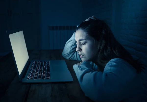 Dramatic Portrait Sad Scared Young Woman Stressed Worried Staring Laptop — Stock Photo, Image