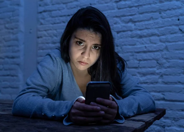 Dramatic Portrait Sad Scared Young Woman Smart Mobile Phone Suffering — Stock Photo, Image