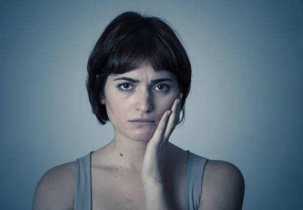 Close Young Sad Woman Serious Concerned Looking Worried Emotional Pain — Stock Photo, Image