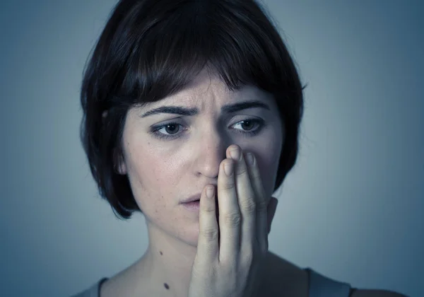 Close Young Sad Woman Serious Concerned Looking Worried Emotional Pain — Stock Photo, Image