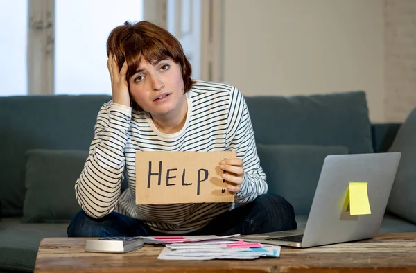 Portrait Worried Young Woman Feeling Stressed Desperate Asking Help Paying — Stock Photo, Image