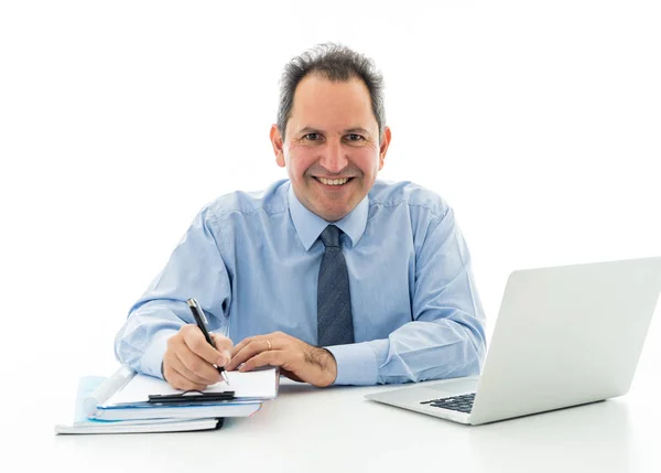 Smiling Confident Middle Aged Executive Businessman Laptop Working Surfing Internet Royalty Free Stock Images