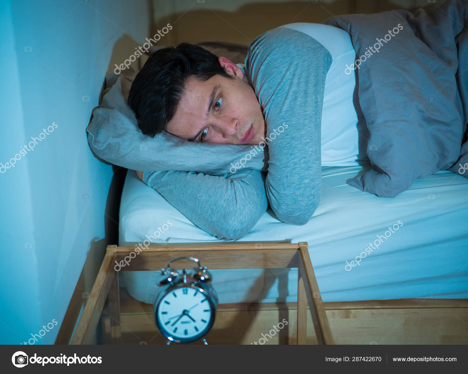 Sleepless Desperate Young Caucasian Man Awake Night Able Sleep.