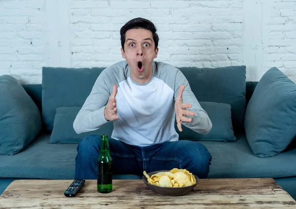 Lifestyle Portrait Excited Football Fan Having Fun Watching Soccer Football — Stock Photo, Image