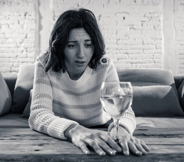 Stressed Hopeless Young Woman Drinking Glass Wine Alone Home Feeling — Stock Photo, Image