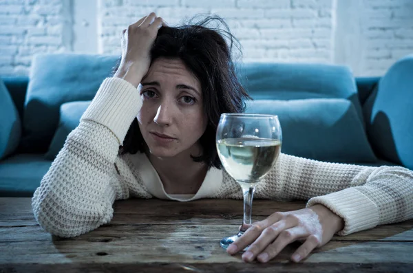 Stressed Hopeless Young Woman Drinking Glass Wine Alone Home Feeling — Stock Photo, Image