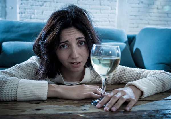 Stressed Hopeless Young Woman Drinking Glass Wine Alone Home Feeling — Stock Photo, Image