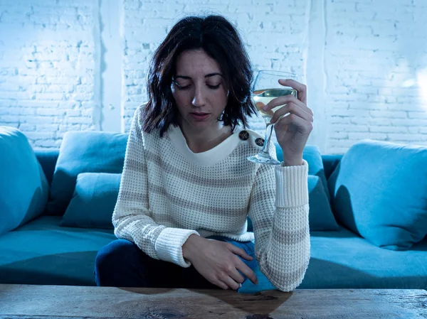 Portrait Depressed Woman Drinking Glass Wine Alone Home Feeling Distress — Stock Photo, Image