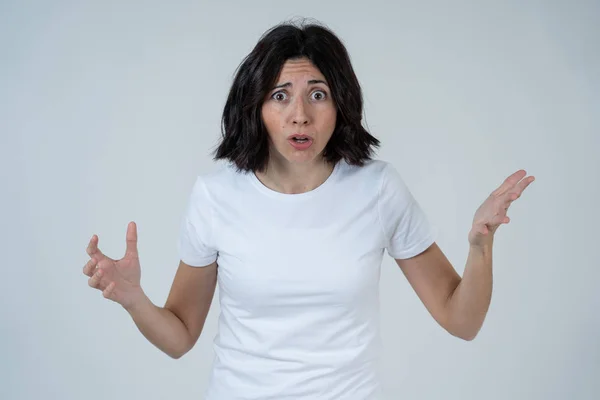 Close Young Frustrated Caucasian Woman Angry Stressed Face Looking Mad — Stock Photo, Image