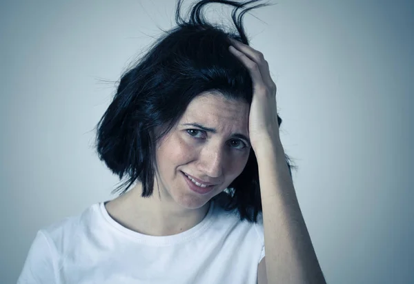 Close Portrait Sad Latin Woman Serious Concerned Looking Worried Disgusted — Stock Photo, Image