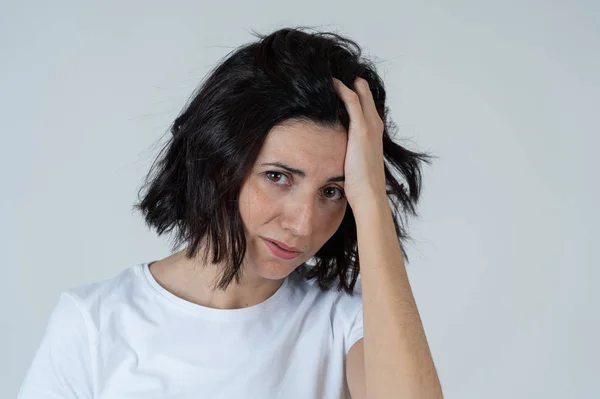 Close Portrait Sad Latin Woman Serious Concerned Looking Worried Disgusted — Stock Photo, Image