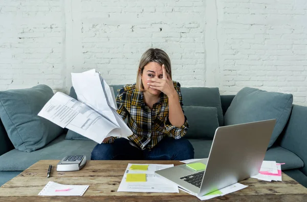 Portrait Desperate Young Woman Feeling Stressed Checking Online Banking Accounting — Stock Photo, Image