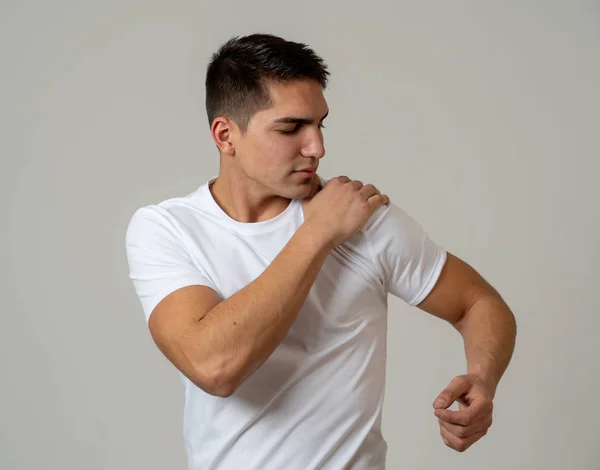 Young Muscular Fitness Man Touching Grabbing His Shoulder Suffering Strong — Stock Photo, Image