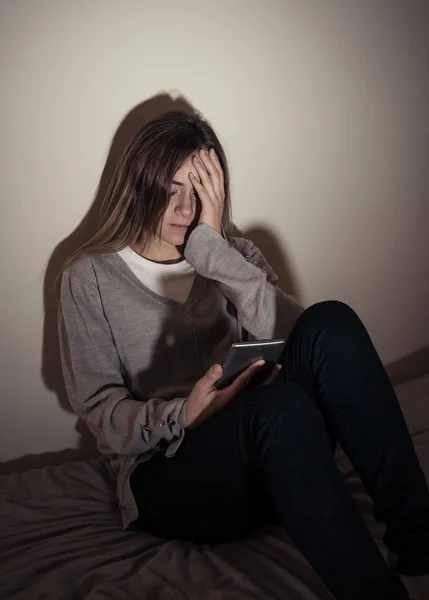 Sad Desperate Young Teenager Female Girl Smart Phone Suffering Online — Stock Photo, Image