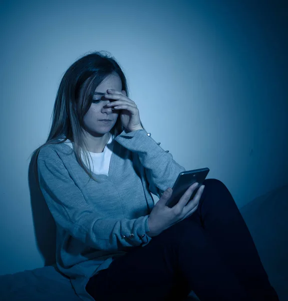 Sad Desperate Young Teenager Female Girl Smart Phone Suffering Online — Stock Photo, Image
