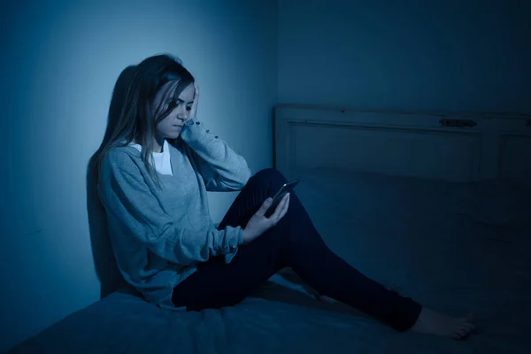 Young Teenager Girl Suffering Mobile Cell Phone Addiction Feeling Lonely — Stock Photo, Image