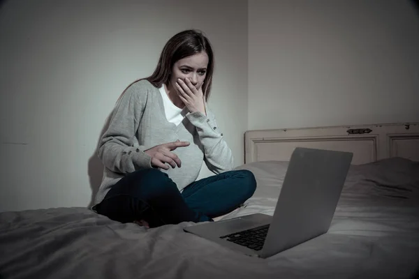 Scared Intimidated Sad Teenager Bullied Line Laptop Suffering Cyberbullying Harassment — Stock Photo, Image