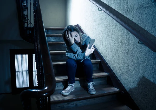 Sad Depressed Young Teenager Girl Victim Cyberbullying Mobile Smart Phone — Stock Photo, Image