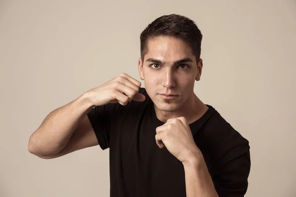 Close Portrait Attractive Young Man Angry Face Looking Furious Defence — Stock Photo, Image