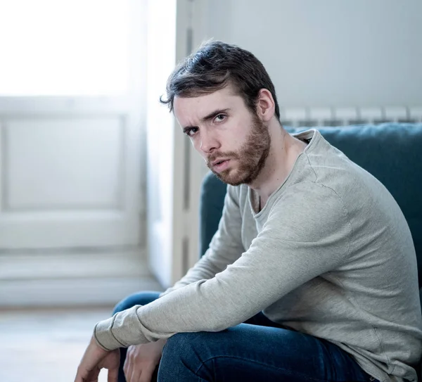 Unhappy Depressed Caucasian Male Sitting Lying Living Room Couch Feeling — Stock Photo, Image